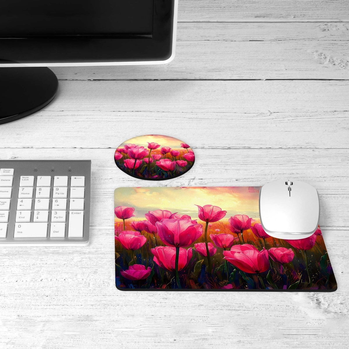 Pink tulip desk set on a desk
