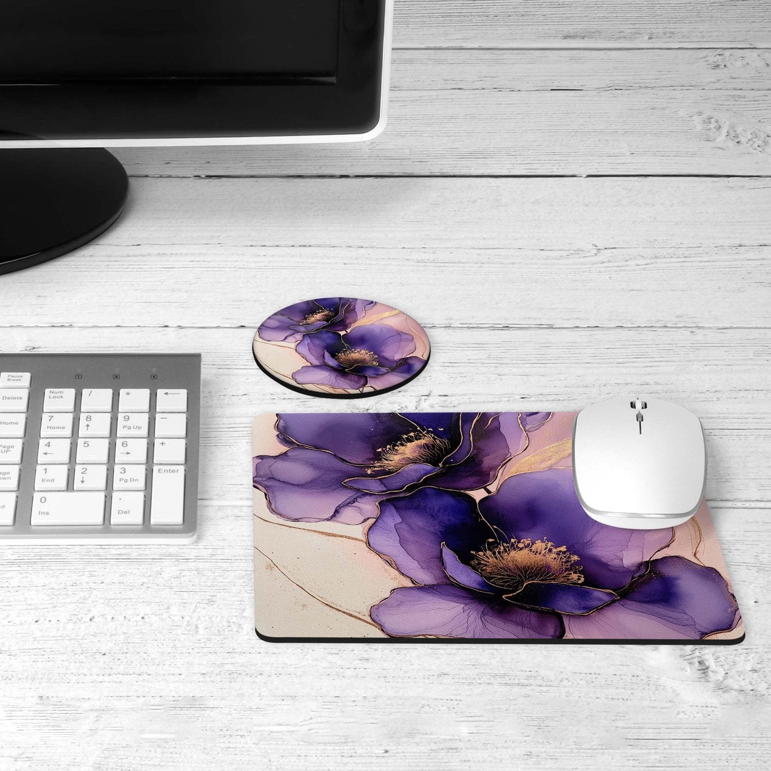 Purple pansy desk set on a desk