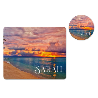 Personalized beach sunset mousepad and coaster set