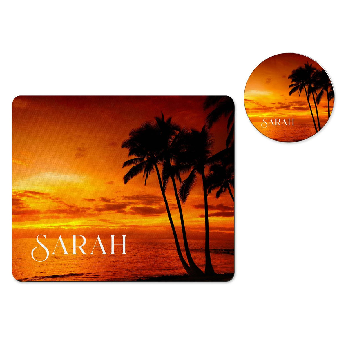 Personalized palm tree sunset mousepad and coaster set