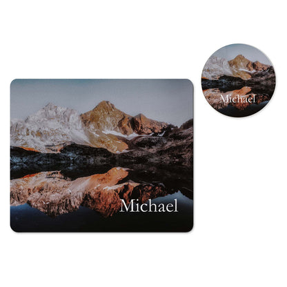 Personalized mountain lake mousepad and coaster set