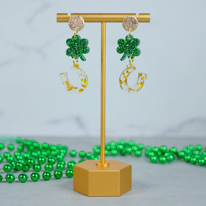 Dangly St Patrick's Day Shamrock and Horse Shoe Earrings for Women