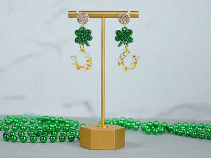 Dangly St Patrick's Day Shamrock and Horse Shoe Earrings for Women
