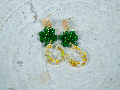 Dangly St Patrick's Day Shamrock and Horse Shoe Earrings for Women