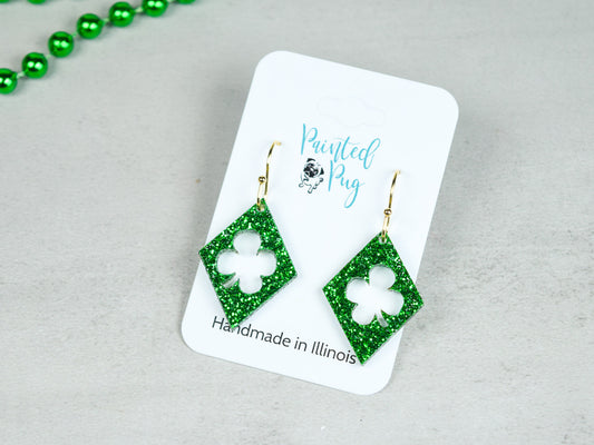 St. Patrick's Day Clover Earrings – Green Glitter Acrylic Dangles