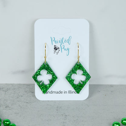 St. Patrick's Day Clover Earrings – Green Glitter Acrylic Dangles