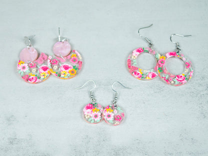 Small Round Pink Floral Dangle Earrings for Women, Boho Acrylic Statement Jewelry