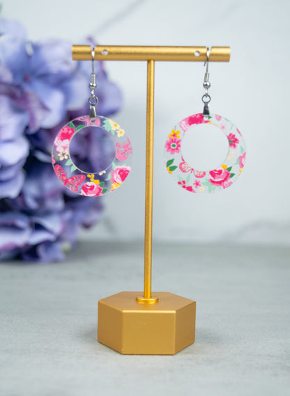 Pink Floral Acrylic Circle Earrings – Spring Dangle Design