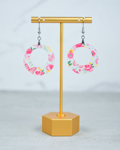 Pink Floral Acrylic Circle Earrings – Spring Dangle Design