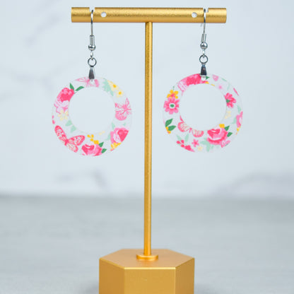 Pink Floral Acrylic Circle Earrings – Spring Dangle Design