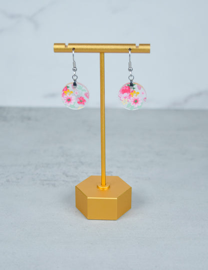 Small Round Pink Floral Dangle Earrings for Women, Boho Acrylic Statement Jewelry