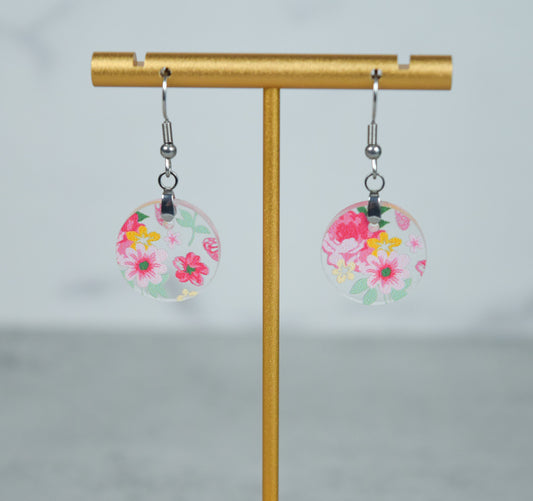 Small Round Pink Floral Dangle Earrings for Women, Boho Acrylic Statement Jewelry
