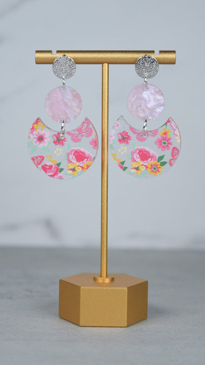 Pink Floral Earrings for Women, Boho Acrylic Statement Jewelry