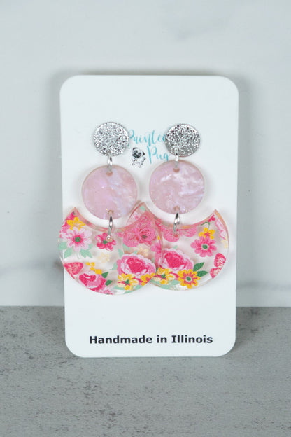 Pink Floral Earrings for Women, Boho Acrylic Statement Jewelry