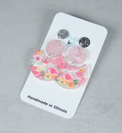 Pink Floral Earrings for Women, Boho Acrylic Statement Jewelry