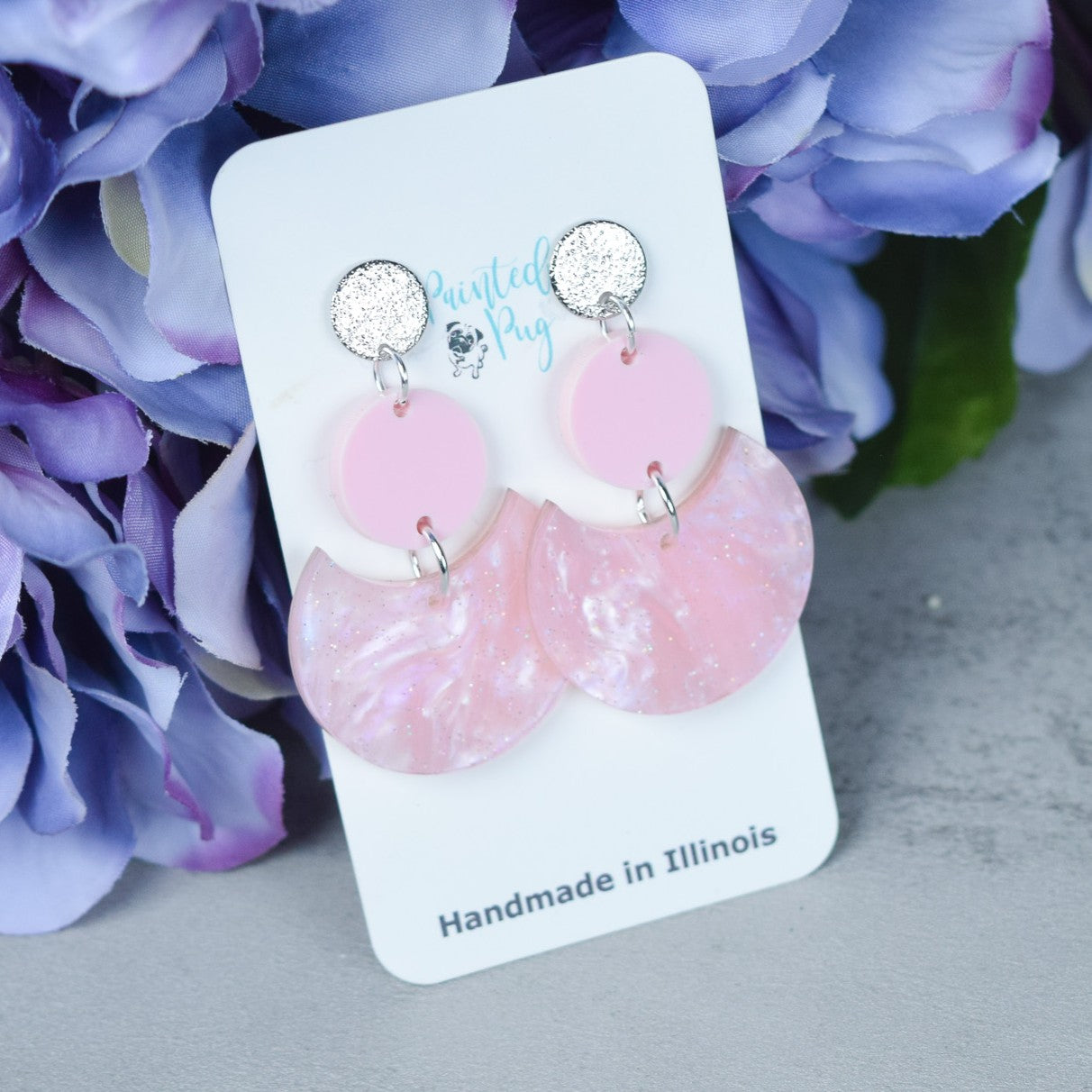 Pink Acrylic Earrings – Marbled Half-Moon Dangle Statement Earrings
