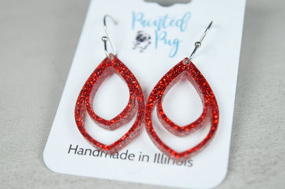 Red Glitter Teardrop Earrings - Acrylic Dangle Jewelry