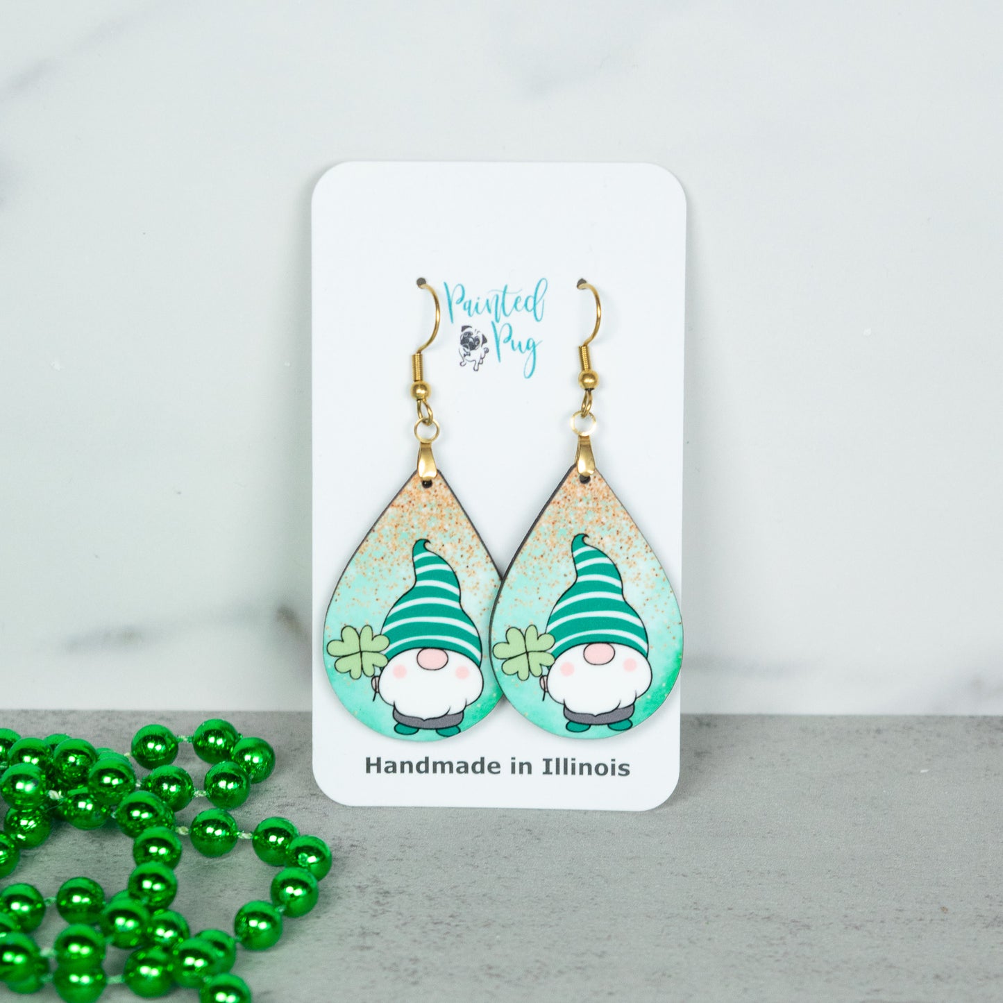 St Patrick’s Day Gnome Teardrop Earrings – Green Shamrock Gnome Dangle Earrings