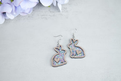 Easter Earrings for Women Purple Glitter Acrylic with Walnut Wood