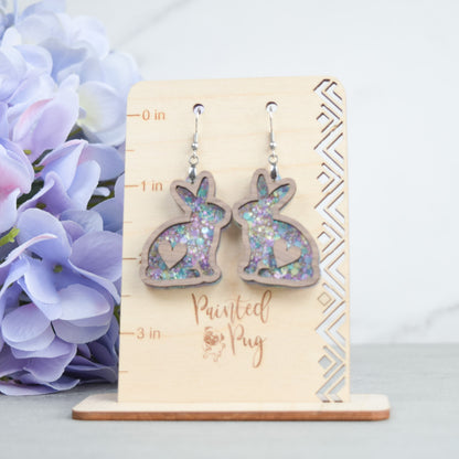 Easter Earrings for Women Purple Glitter Acrylic with Walnut Wood