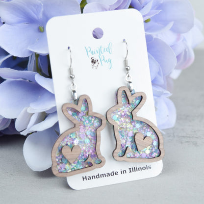 Easter Earrings for Women Purple Glitter Acrylic with Walnut Wood