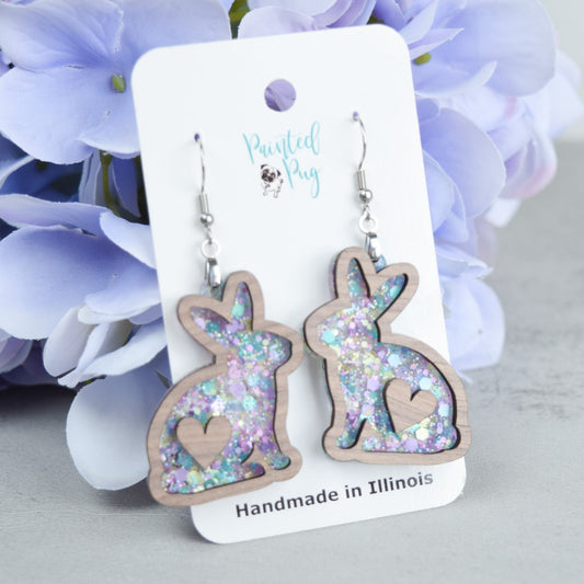 Easter Earrings for Women Purple Glitter Acrylic with Walnut Wood