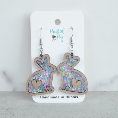 Easter Earrings for Women Purple Glitter Acrylic with Walnut Wood