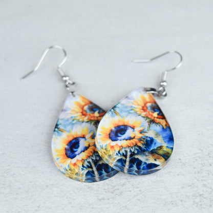Sunflower Earrings – Watercolor Teardrop Floral Dangle Earrings