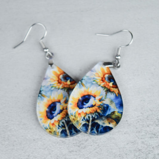 Sunflower Earrings – Watercolor Teardrop Floral Dangle Earrings