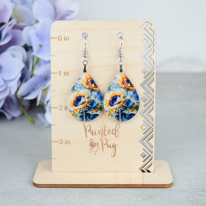 Sunflower Earrings – Watercolor Teardrop Floral Dangle Earrings