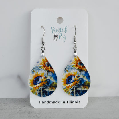 Sunflower Earrings – Watercolor Teardrop Floral Dangle Earrings