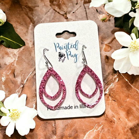 Pink Glitter Teardrop Earrings - Acrylic Dangle Jewelry