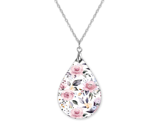 Rose Pink Floral Teardrop Shape Necklace