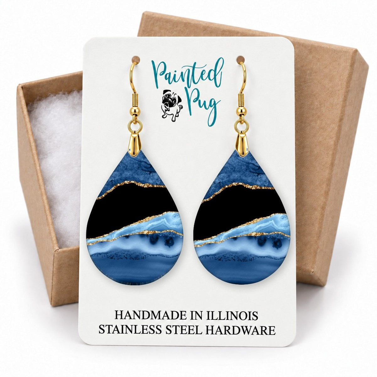 Blue and Gold Teardrop Earrings gift box