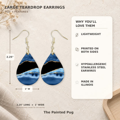 Blue and Gold Teardrop Earrings size guide 2.25 inch