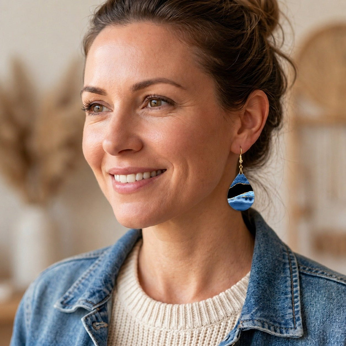 Blue and Gold Teardrop Earrings worn by model