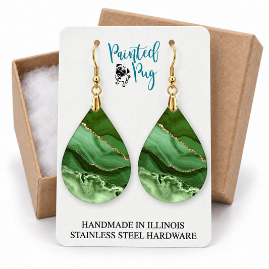 Green and Gold Teardrop Earrings gift box