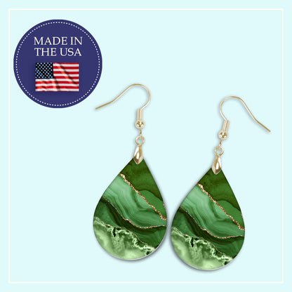 Green & Gold Teardrop Earrings – Handmade Agate-Style Jewelry in Two Sizes