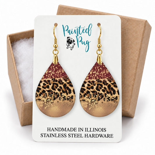 Red Gold Leopard Teardrop Earrings gift box