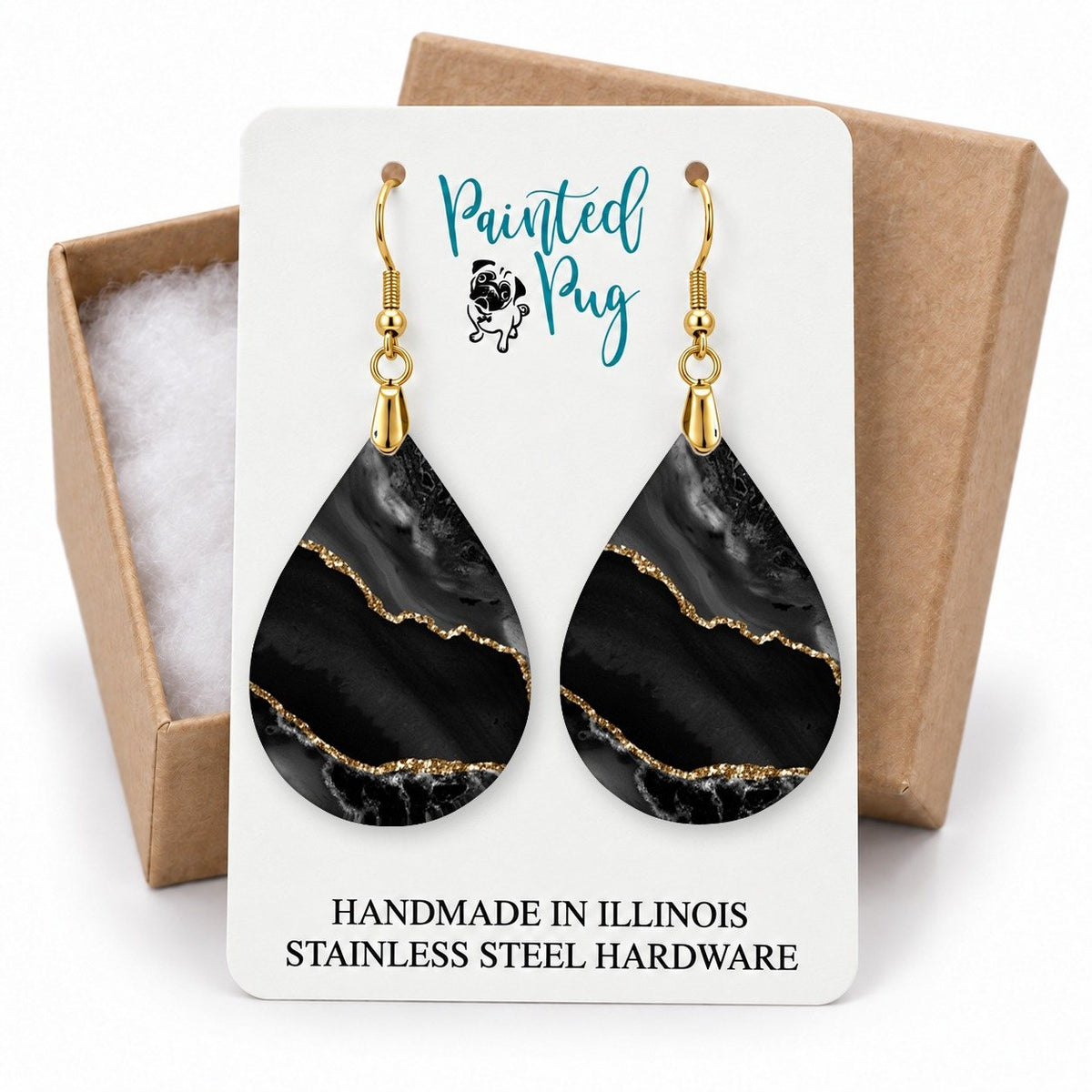 Black and Gold Teardrop Earrings gift box