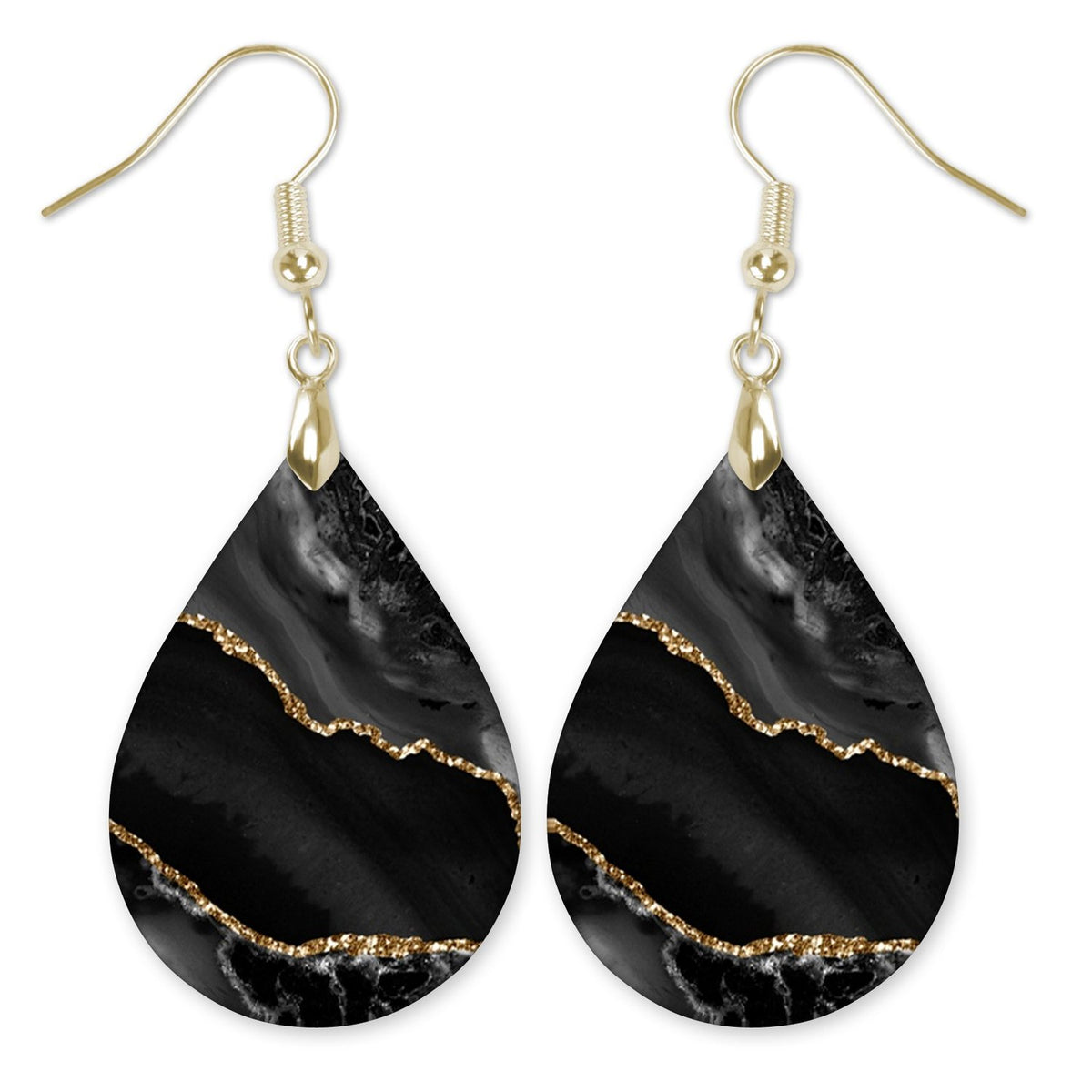 Black and Gold Teardrop Earrings on white