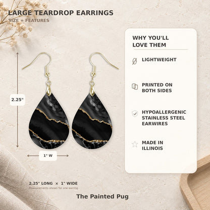 Black and Gold Teardrop Earrings size guide 2.25 inch
