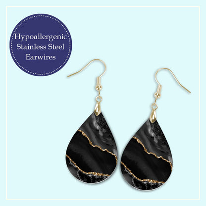 Black & Gold Teardrop Earrings – Handmade Lightweight Statement Jewelry