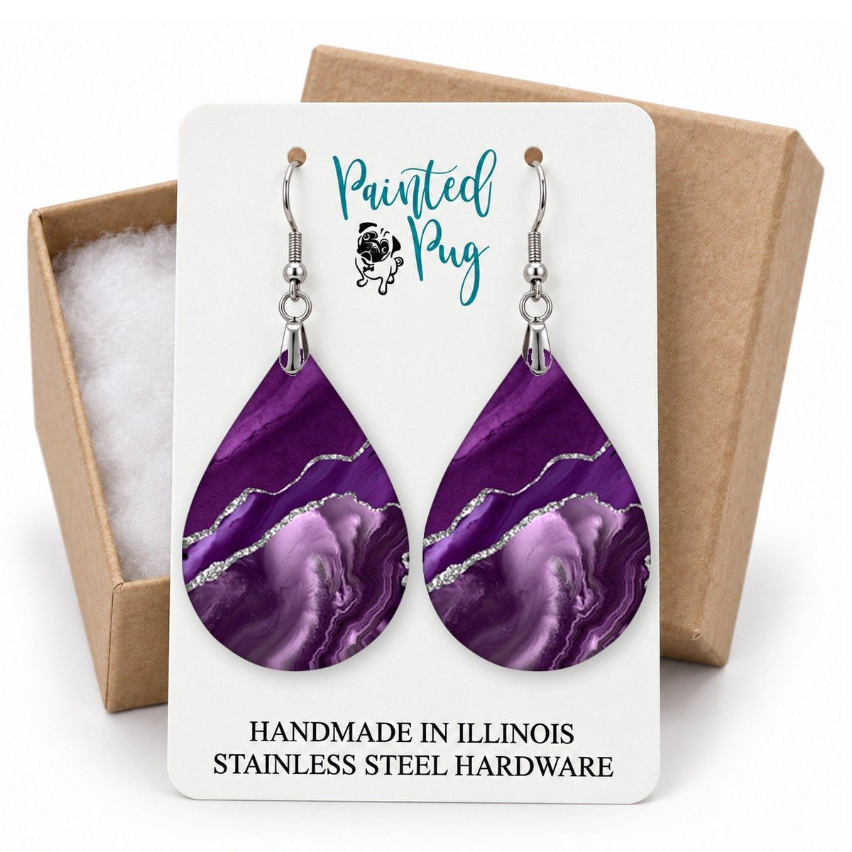 Purple and Silver Teardrop Earrings gift box