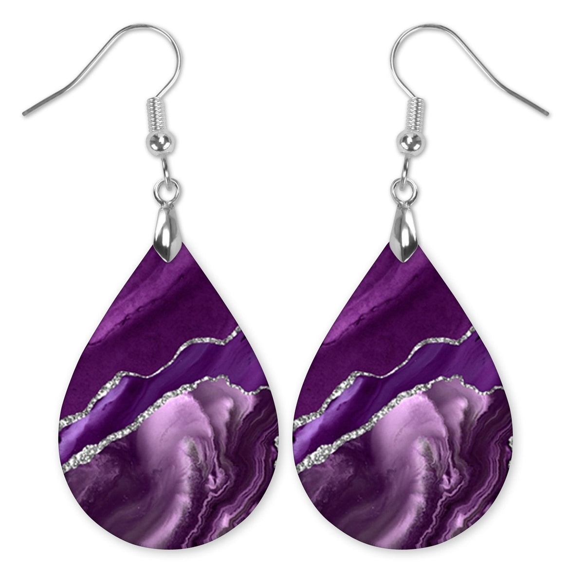 Purple and Silver Teardrop Earrings on white