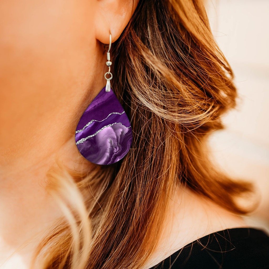 Purple and Silver Teardrop Earrings close-up on model