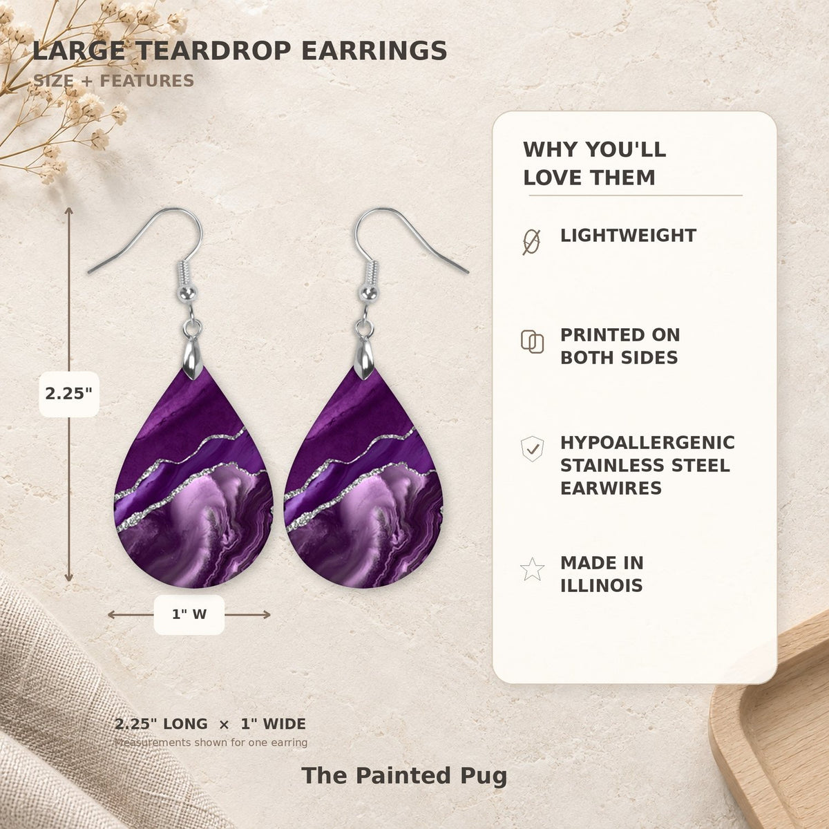 Purple and Silver Teardrop Earrings size guide 2.25 inch