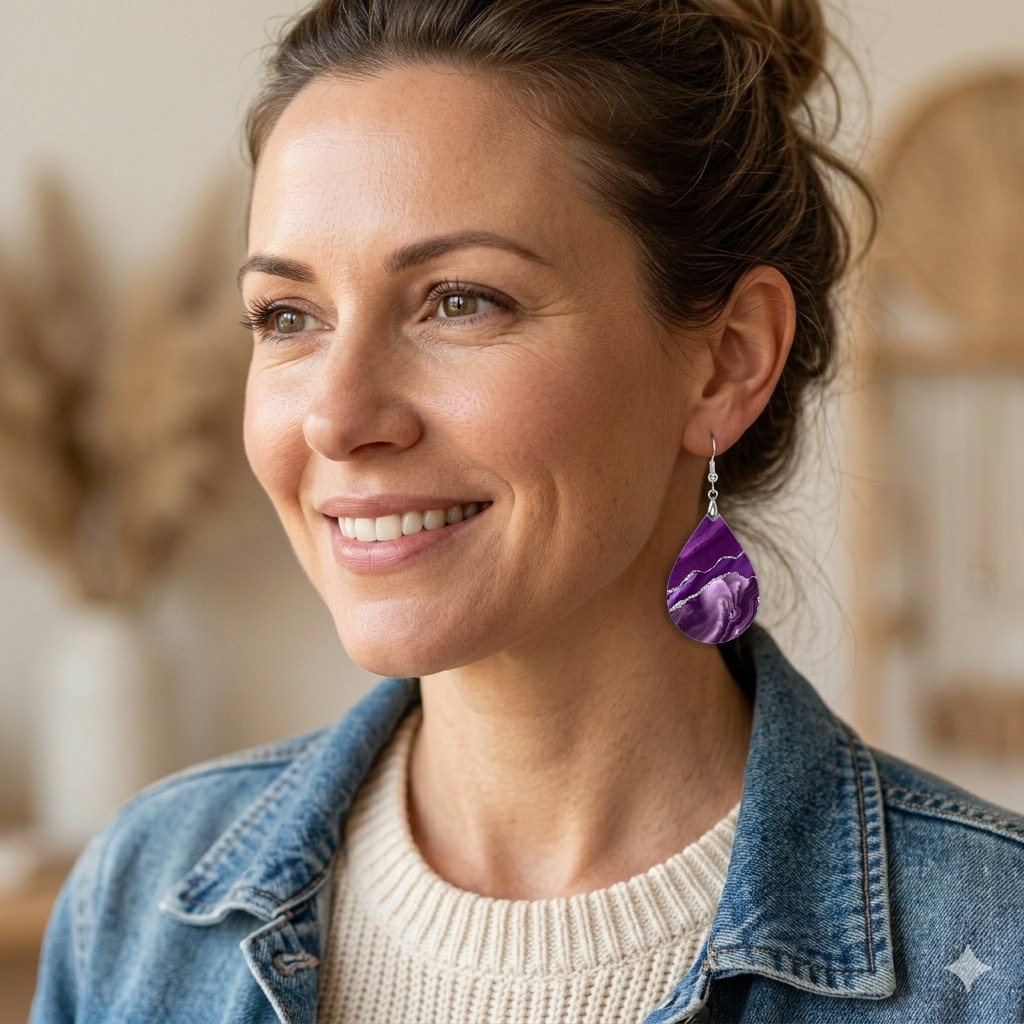 Purple and Silver Teardrop Earrings worn by model