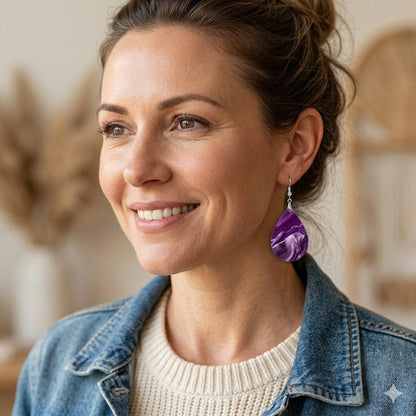 Purple and Silver Teardrop Earrings worn by model