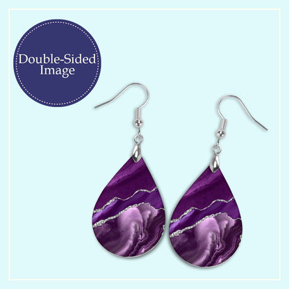 Purple & Silver Teardrop Earrings – Handmade Marbled Statement Earrings